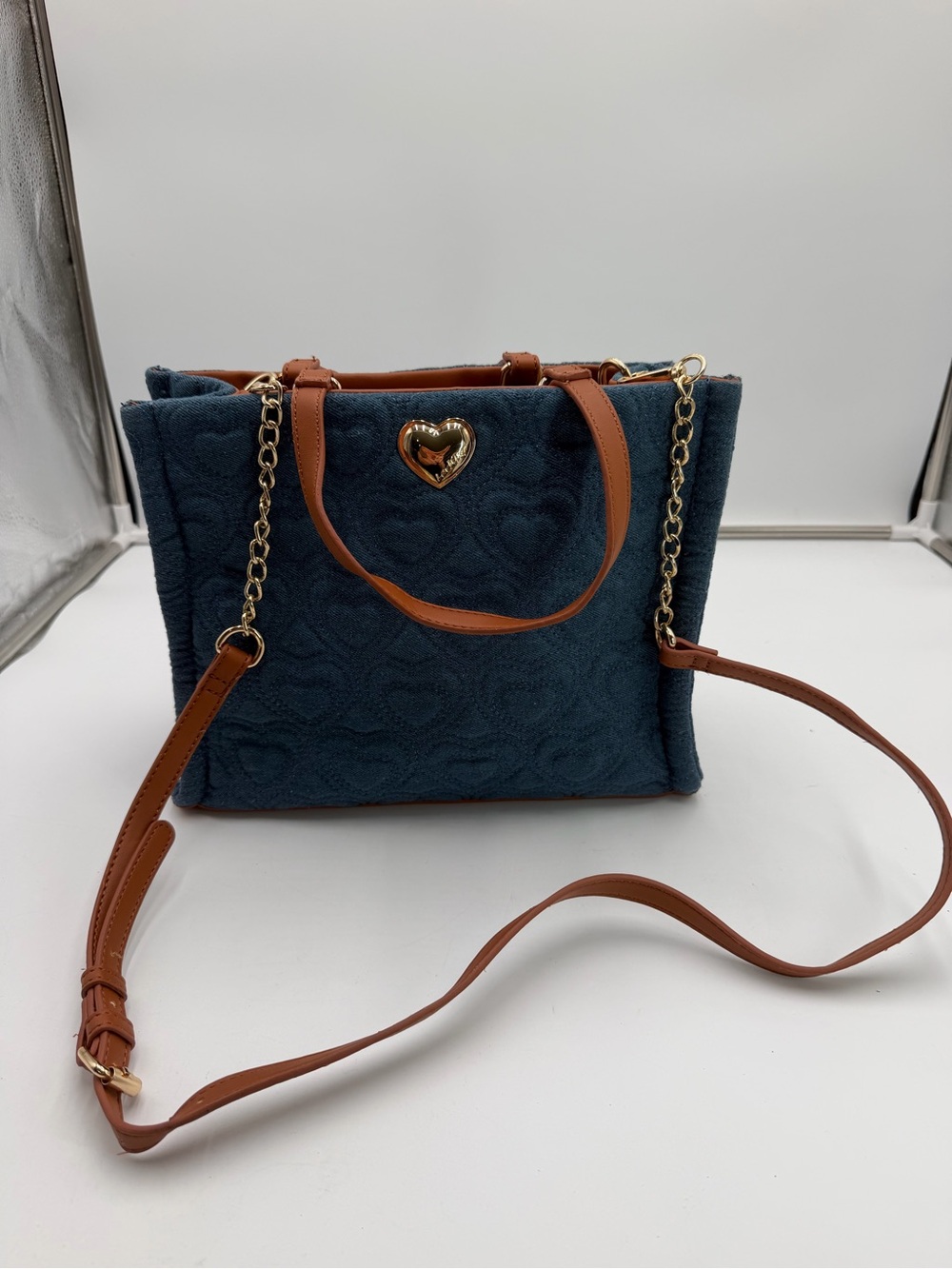 Luv Betsey by Betsey Johnson Denim Heart Tote Crossbody Bag Blue Brown